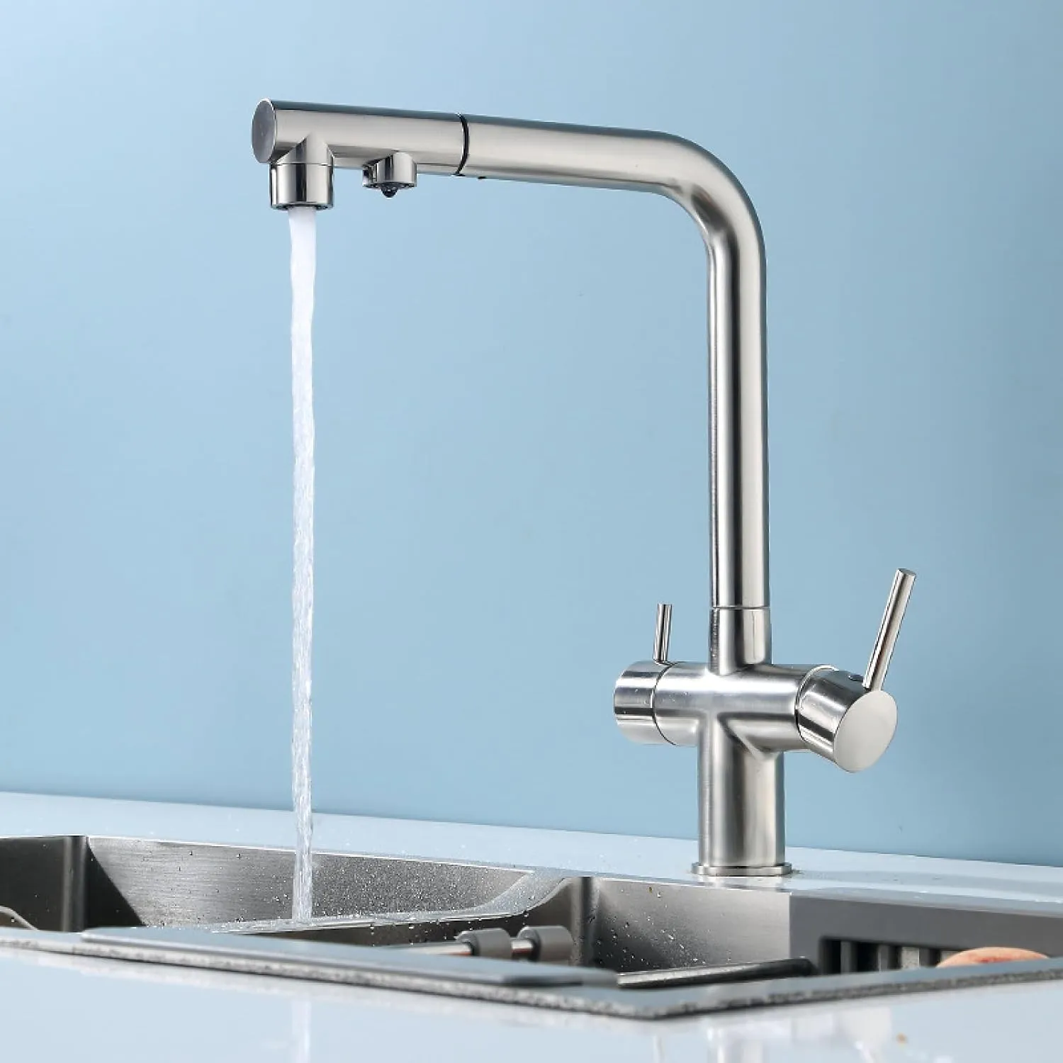 Pull-Out Kitchen Faucet Hot and Cold Washing Basin Sink Three-in-One Dual-Control Water Purification Faucet, Large Bend Dual-Control Water Purification (Electroplating)