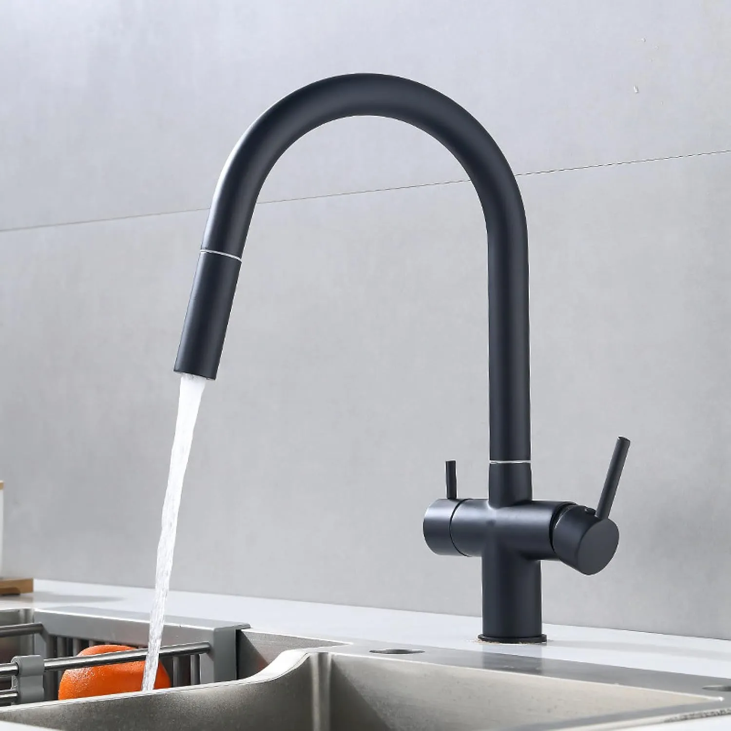 Pull-Out Kitchen Faucet Hot and Cold Washing Basin Sink Three-in-One Dual-Control Water Purification Faucet, Large Bend Dual-Control Water Purification (Electroplating)
