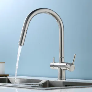 Pull-Out Kitchen Faucet Hot and Cold Washing Basin Sink Three-in-One Dual-Control Water Purification Faucet, Large Bend Dual-Control Water Purification (Electroplating)