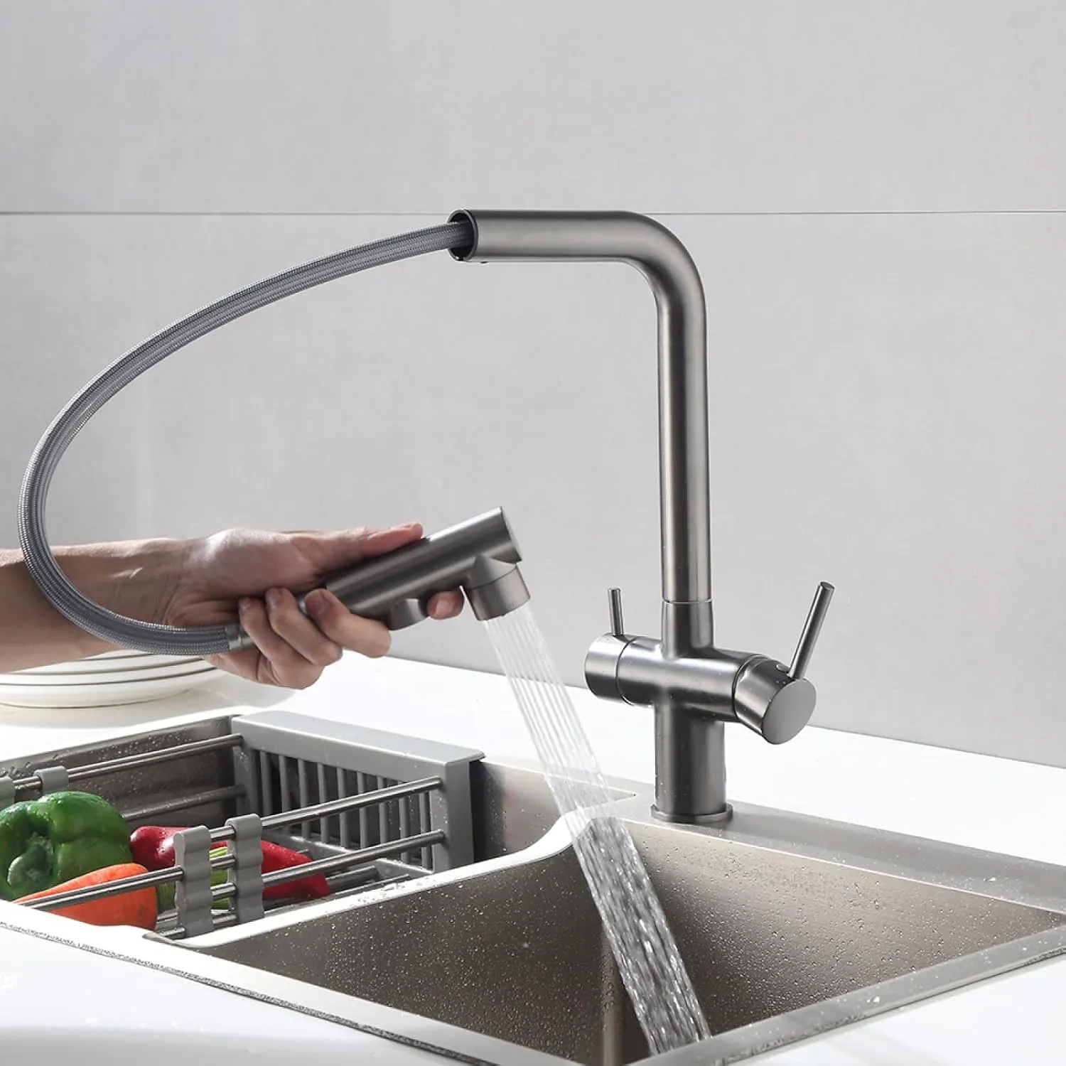 Pull-Out Kitchen Faucet Hot and Cold Washing Basin Sink Three-in-One Dual-Control Water Purification Faucet, Large Bend Dual-Control Water Purification (Electroplating)