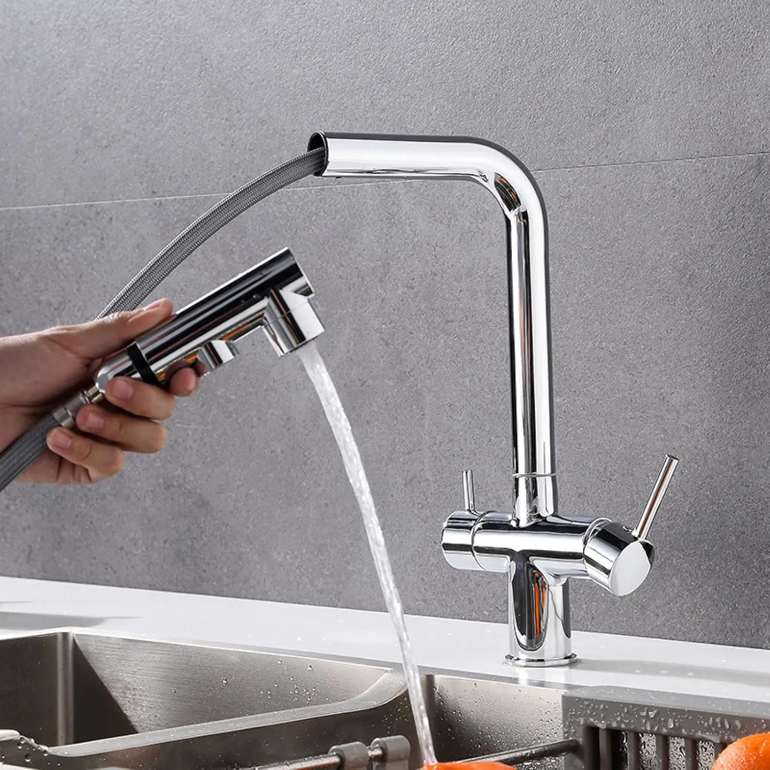 Pull-Out Kitchen Faucet Hot and Cold Washing Basin Sink Three-in-One Dual-Control Water Purification Faucet, Large Bend Dual-Control Water Purification (Electroplating)