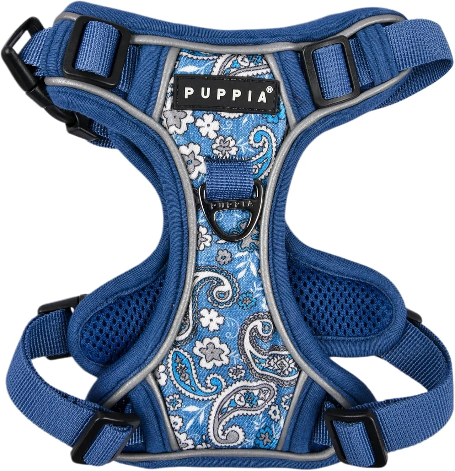 Puppia Cynthia Dog Harness H Sturdy Adjustable Neck and Chest Reflective Flower Pattern Front and Back D-Ring for Small and Medium Dogs, Blue, Small