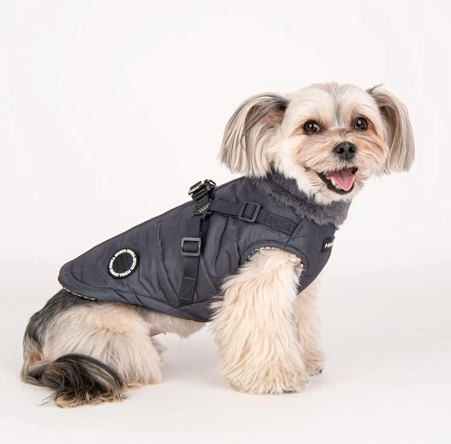 Puppia Donavan Winter Dog Coat with Integrated Harness No Pull Cold Weather Waterproof Warm Fleece Back Zipper for Small & Medium Dog, Grey, Large