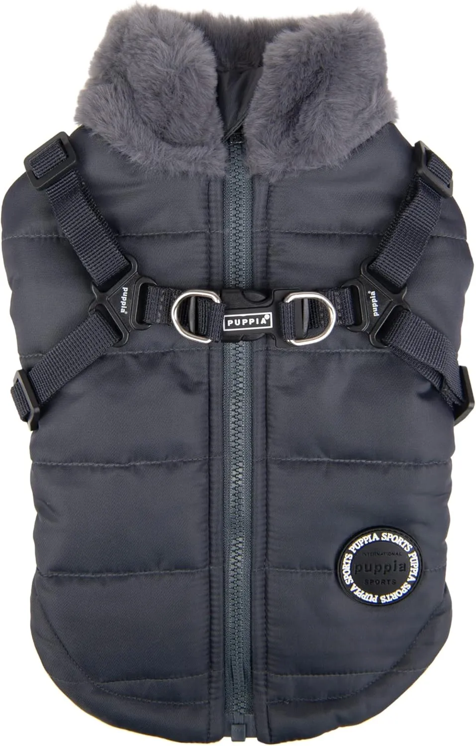 Puppia Donavan Winter Dog Coat with Integrated Harness No Pull Cold Weather Waterproof Warm Fleece Back Zipper for Small & Medium Dog, Grey, Large
