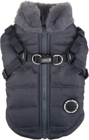 Puppia Donavan Winter Dog Coat with Integrated Harness No Pull Cold Weather Waterproof Warm Fleece Back Zipper for Small & Medium Dog, Grey, Large