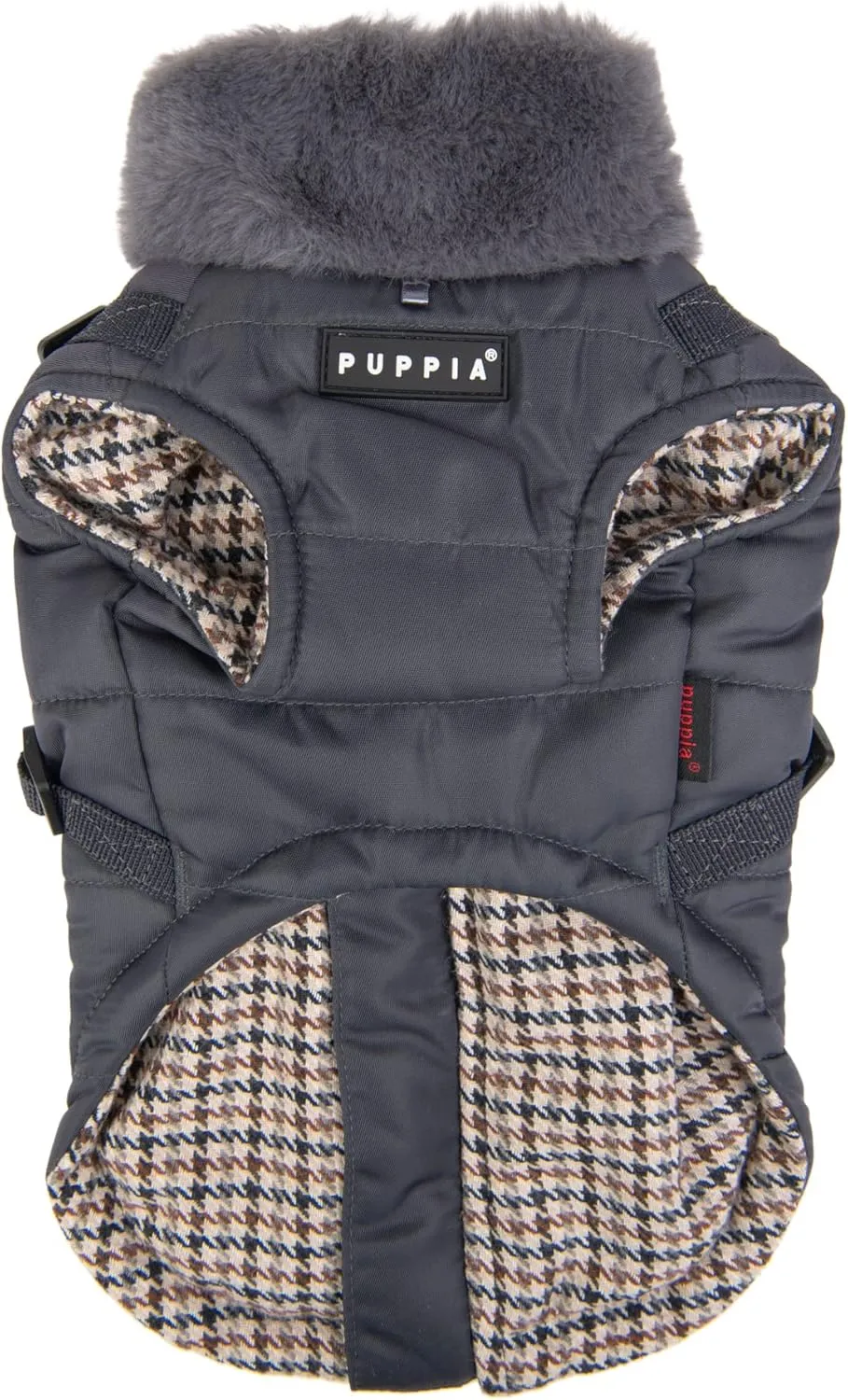 Puppia Donavan Winter Dog Coat with Integrated Harness No Pull Cold Weather Waterproof Warm Fleece Back Zipper for Small & Medium Dog, Grey, Large