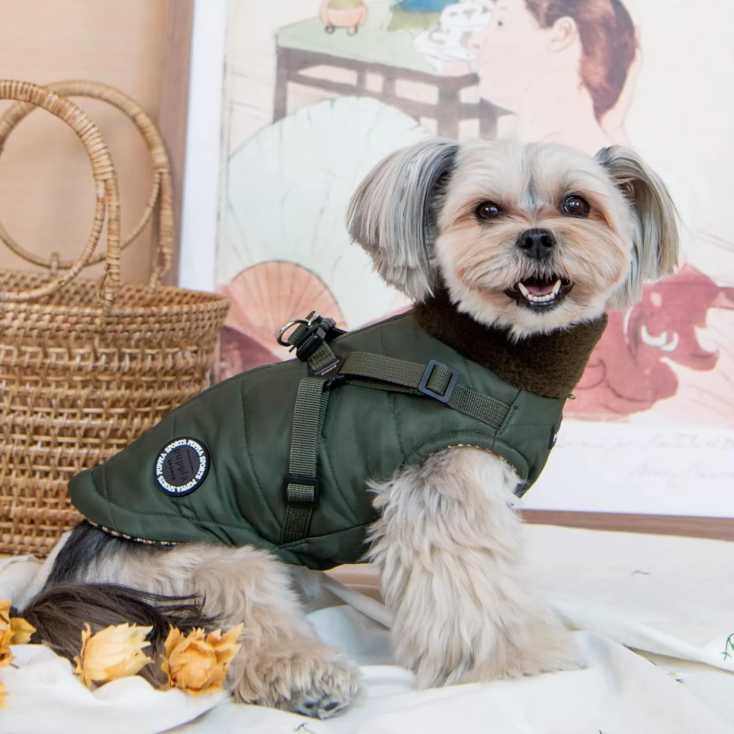 Puppia Donavan Winter Dog Coat with Integrated Harness No Pull Cold Weather Waterproof Warm Fleece Back Zipper for Small & Medium Dog, Khaki, Medium