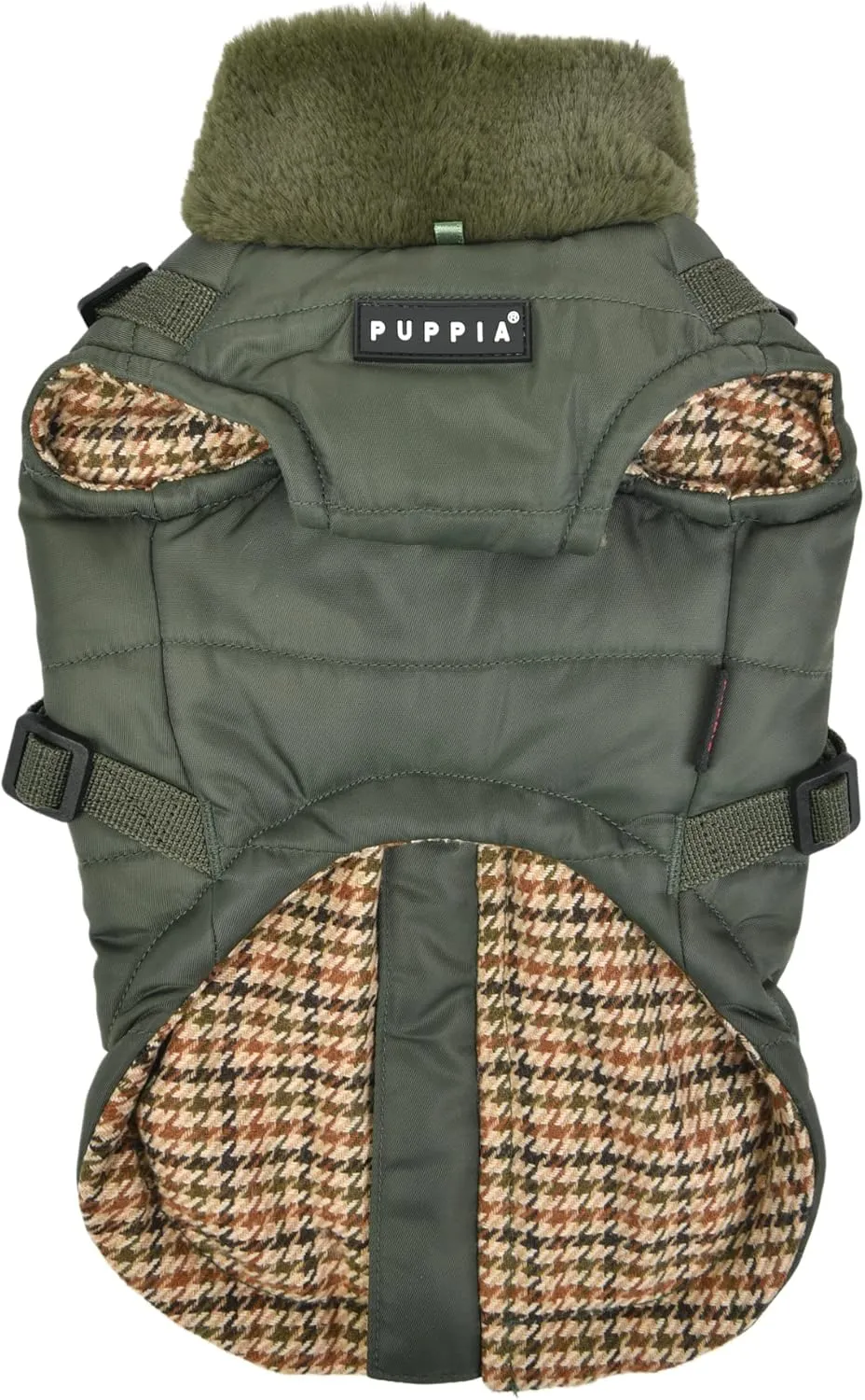 Puppia Donavan Winter Dog Coat with Integrated Harness No Pull Cold Weather Waterproof Warm Fleece Back Zipper for Small & Medium Dog, Khaki, Medium