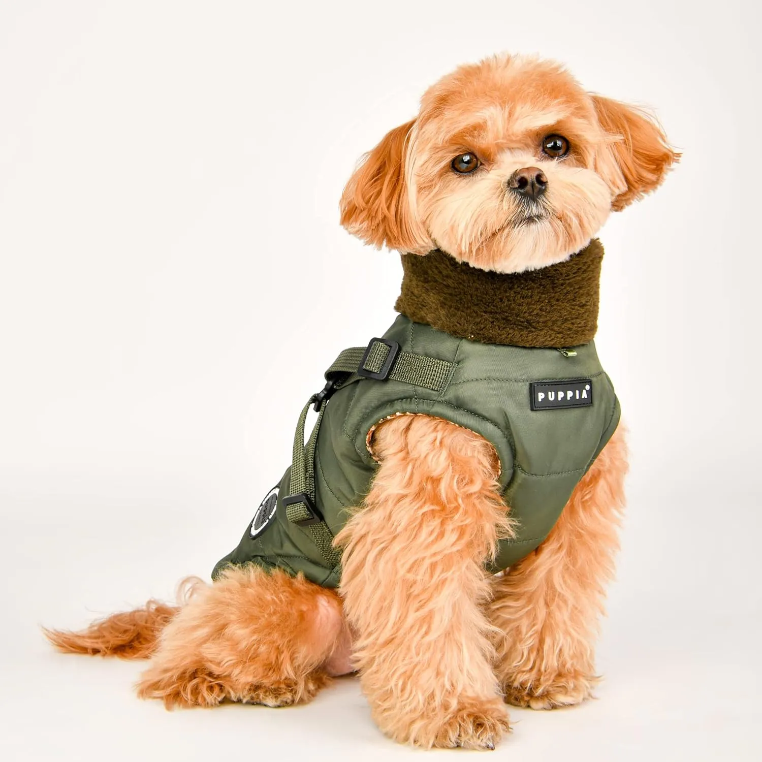 Puppia Donavan Winter Dog Coat with Integrated Harness No Pull Cold Weather Waterproof Warm Fleece Back Zipper for Small & Medium Dog, Khaki, Medium