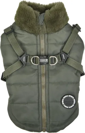 Puppia Donavan Winter Dog Coat with Integrated Harness No Pull Cold Weather Waterproof Warm Fleece Back Zipper for Small & Medium Dog, Khaki, Medium