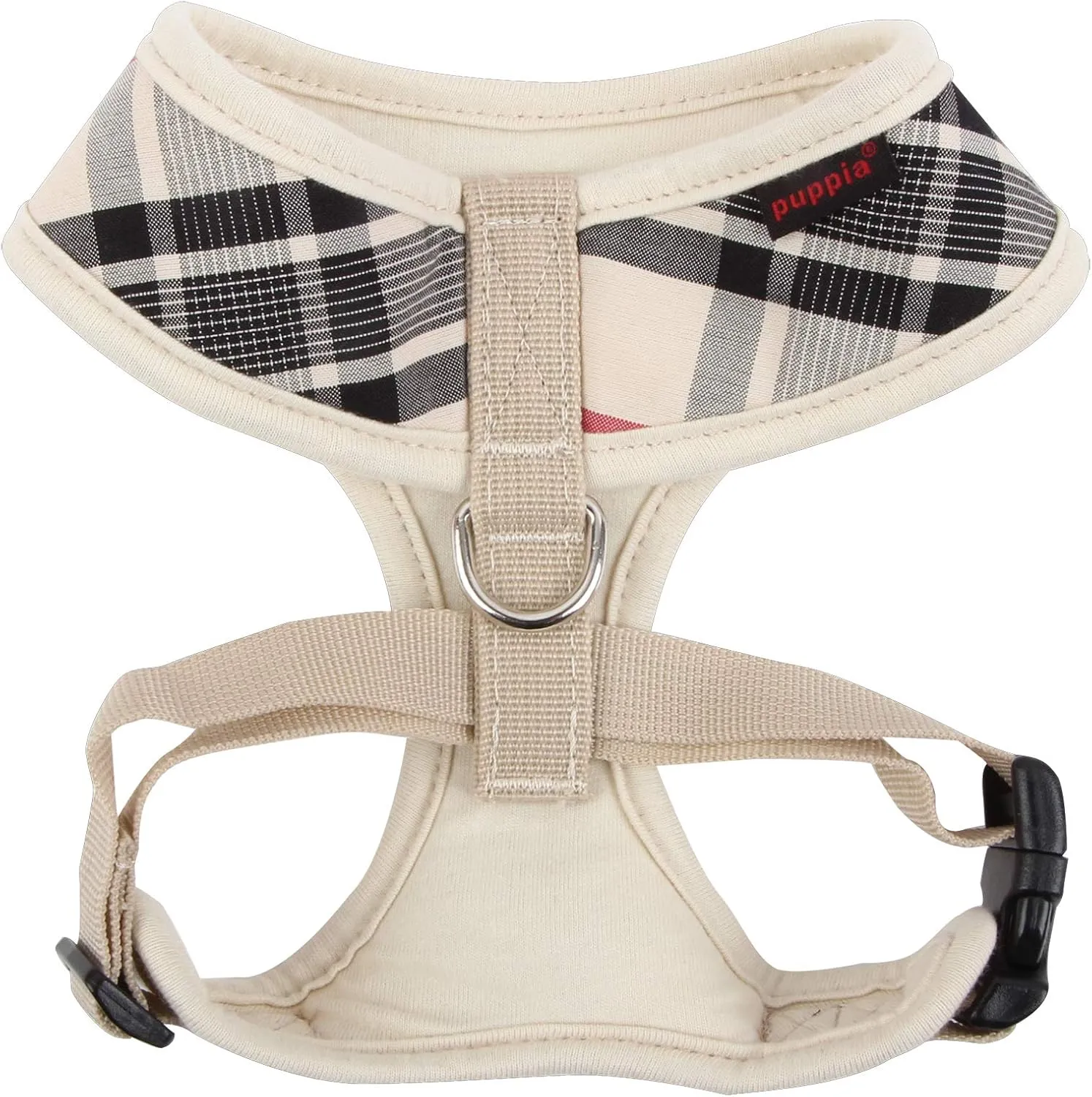 puppia Junior Over-The-Head Dog Harness Checkered Pattern No Choke No Pull Adjustable Chest Belt Walking Training for Small and Medium Dog, Medium, Beige