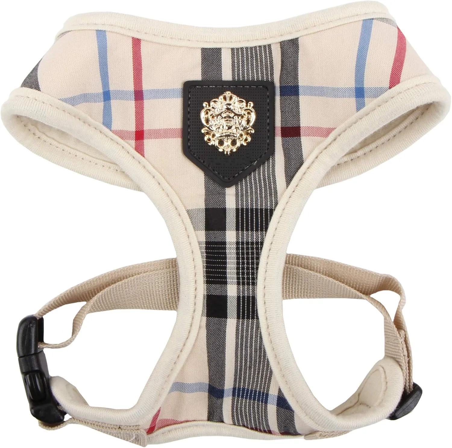 puppia Junior Over-The-Head Dog Harness Checkered Pattern No Choke No Pull Adjustable Chest Belt Walking Training for Small and Medium Dog, Medium, Beige