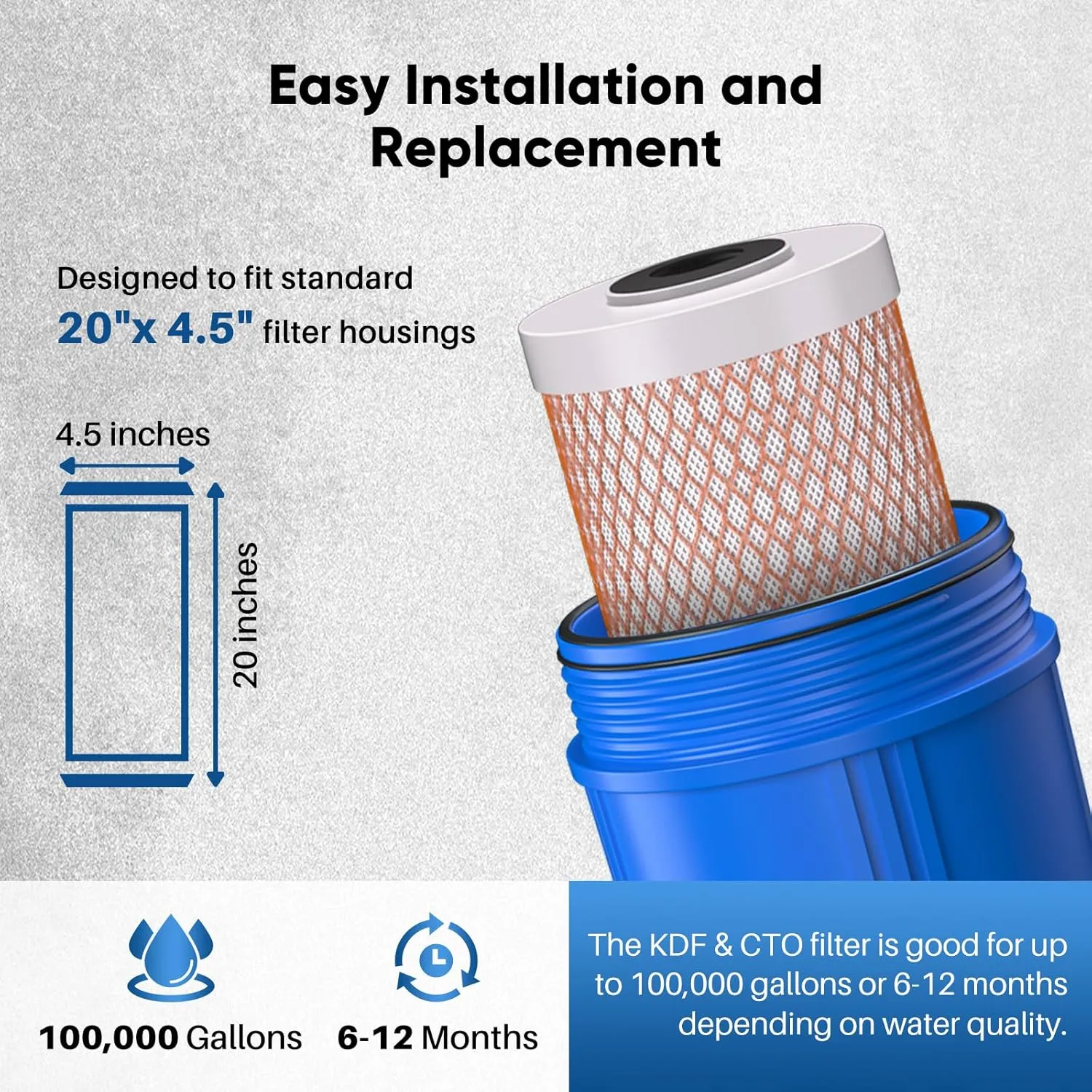 PUREPLUS 5 Micron 20" x 4.5" Whole House Coconut Shell Activated Carbon and KDF Water Filter, Heavy Metal Removal Replacement Water Filter, CTO20BB-KDF, 2 PACK