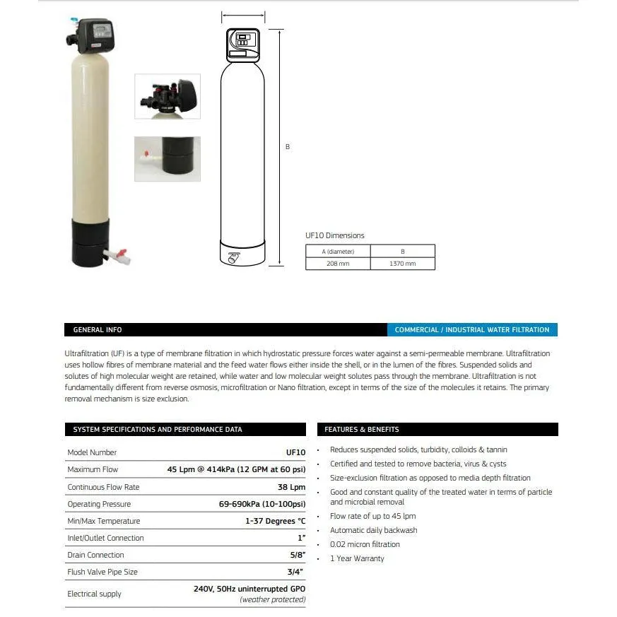 Puretec UF10 Composite Ultra Filtration System (45 LPM)