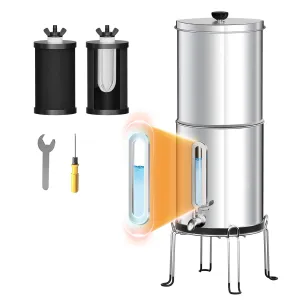 Purewell 1.5G Gravity Water Filter System with Embedded Visual Water Level, 3-Stage 0.01μm Ultra-Filtration Stainless Steel Countertop System with 2 Upgraded Filter with Stand, Reduce 99% Chlorine