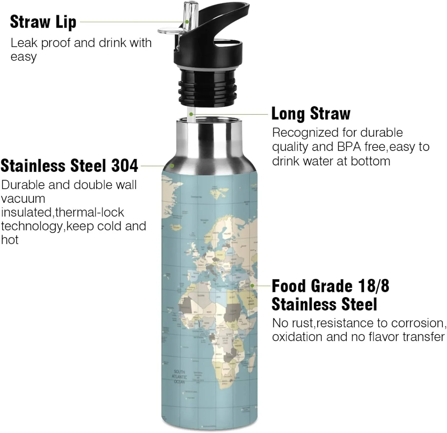 Qilmy Black and White Leopard Water Bottle Vacuum Insulated Stainless Steel Water Bottles with Straw Lid Leakproof Wide Mouth Water Flask for Fitness Outdoor Sports, 20 oz