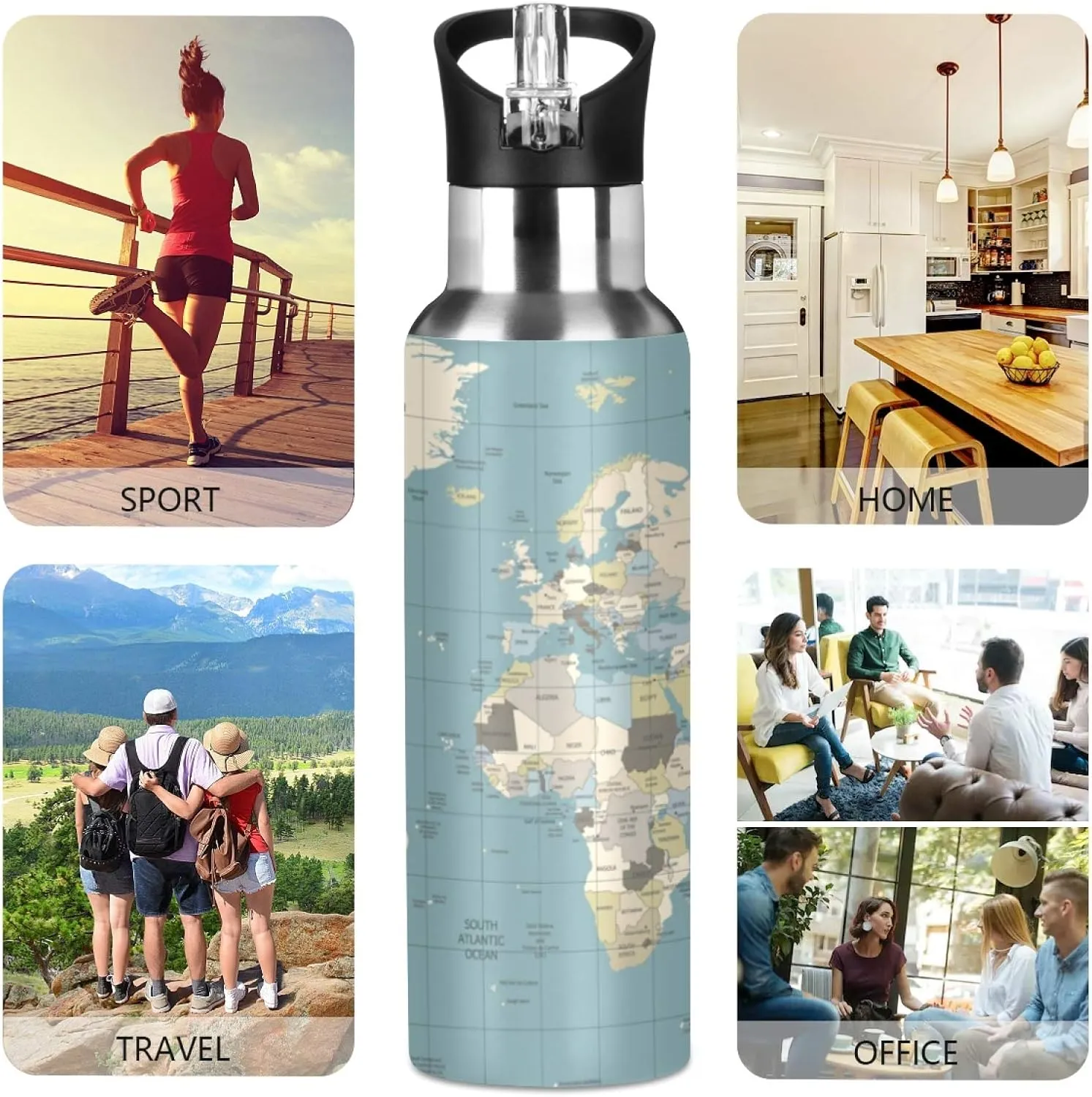 Qilmy Black and White Leopard Water Bottle Vacuum Insulated Stainless Steel Water Bottles with Straw Lid Leakproof Wide Mouth Water Flask for Fitness Outdoor Sports, 20 oz