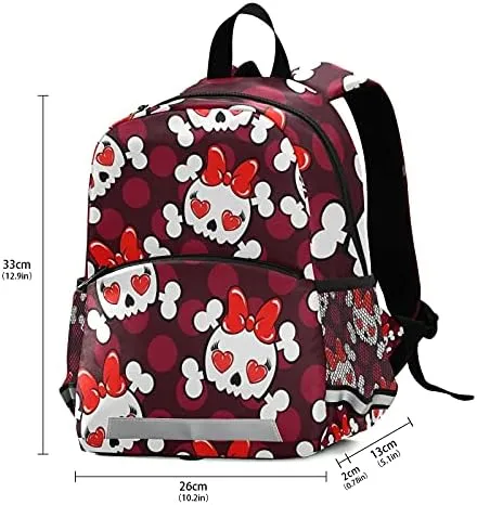 QUGRL Cute Skull Hearts Toddler Backpack Kids Red Bow Tie Kindergarten Schoolbag Preschool Nursery Travel Bag with Safety Leash Harness for Baby Boys Girls 3-8 Years