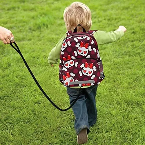 QUGRL Cute Skull Hearts Toddler Backpack Kids Red Bow Tie Kindergarten Schoolbag Preschool Nursery Travel Bag with Safety Leash Harness for Baby Boys Girls 3-8 Years