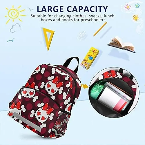 QUGRL Cute Skull Hearts Toddler Backpack Kids Red Bow Tie Kindergarten Schoolbag Preschool Nursery Travel Bag with Safety Leash Harness for Baby Boys Girls 3-8 Years