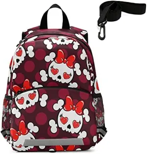 QUGRL Cute Skull Hearts Toddler Backpack Kids Red Bow Tie Kindergarten Schoolbag Preschool Nursery Travel Bag with Safety Leash Harness for Baby Boys Girls 3-8 Years