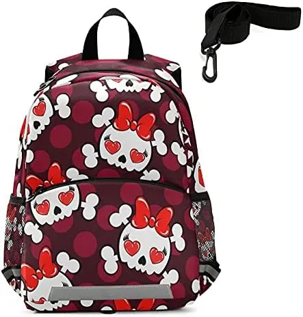 QUGRL Cute Skull Hearts Toddler Backpack Kids Red Bow Tie Kindergarten Schoolbag Preschool Nursery Travel Bag with Safety Leash Harness for Baby Boys Girls 3-8 Years