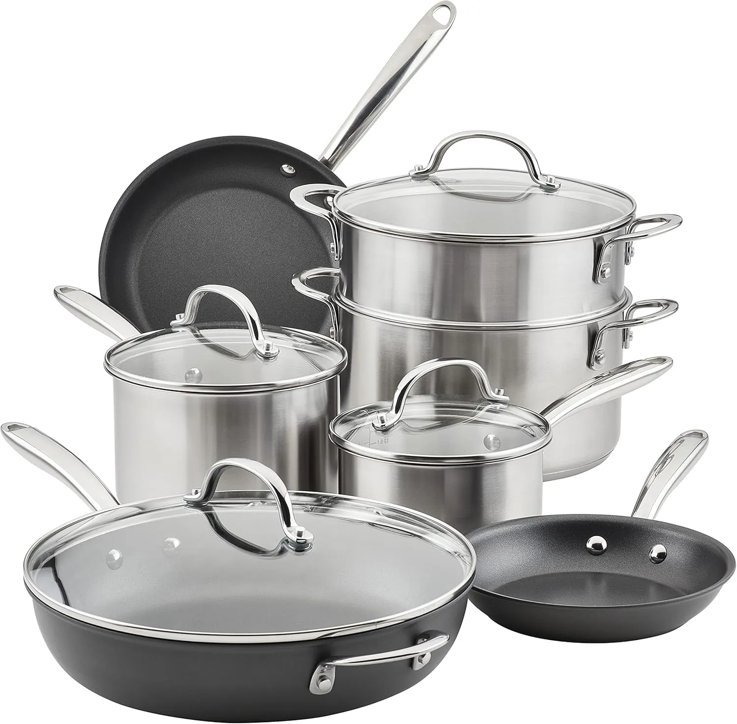 Rachael Ray 70033 Professional Stainless Steel/Hard Anodized Nonstick Cookware Pots and Pans Set, 11 Piece - Gray and Silver