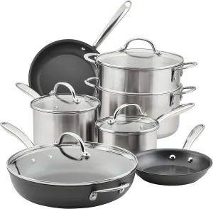 Rachael Ray 70033 Professional Stainless Steel/Hard Anodized Nonstick Cookware Pots and Pans Set, 11 Piece - Gray and Silver
