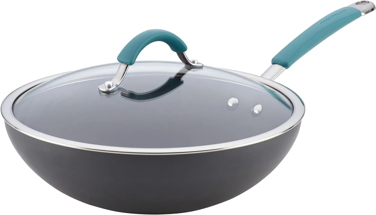Rachael Ray Cucina Hard Anodized Nonstick Wok Pan with Lid, 11-Inch Covered Stir Fry, Gray with Blue Handles