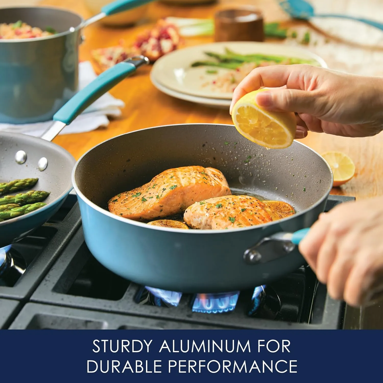 Rachael Ray Cucina Nonstick Cookware/Pots and Pans Set, 10 Piece - Agave Blue