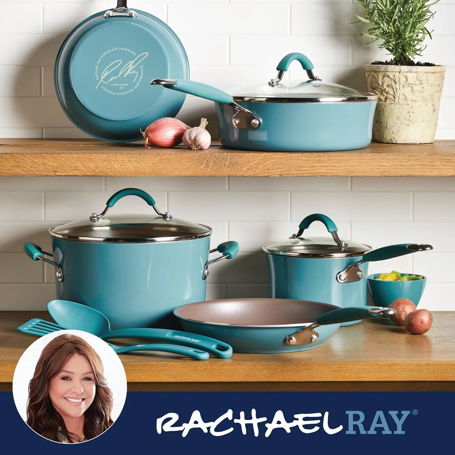 Rachael Ray Cucina Nonstick Cookware/Pots and Pans Set, 10 Piece - Agave Blue