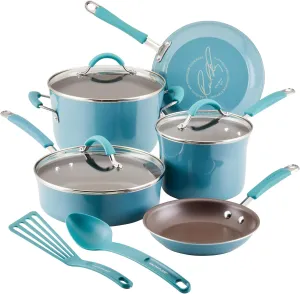 Rachael Ray Cucina Nonstick Cookware/Pots and Pans Set, 10 Piece - Agave Blue