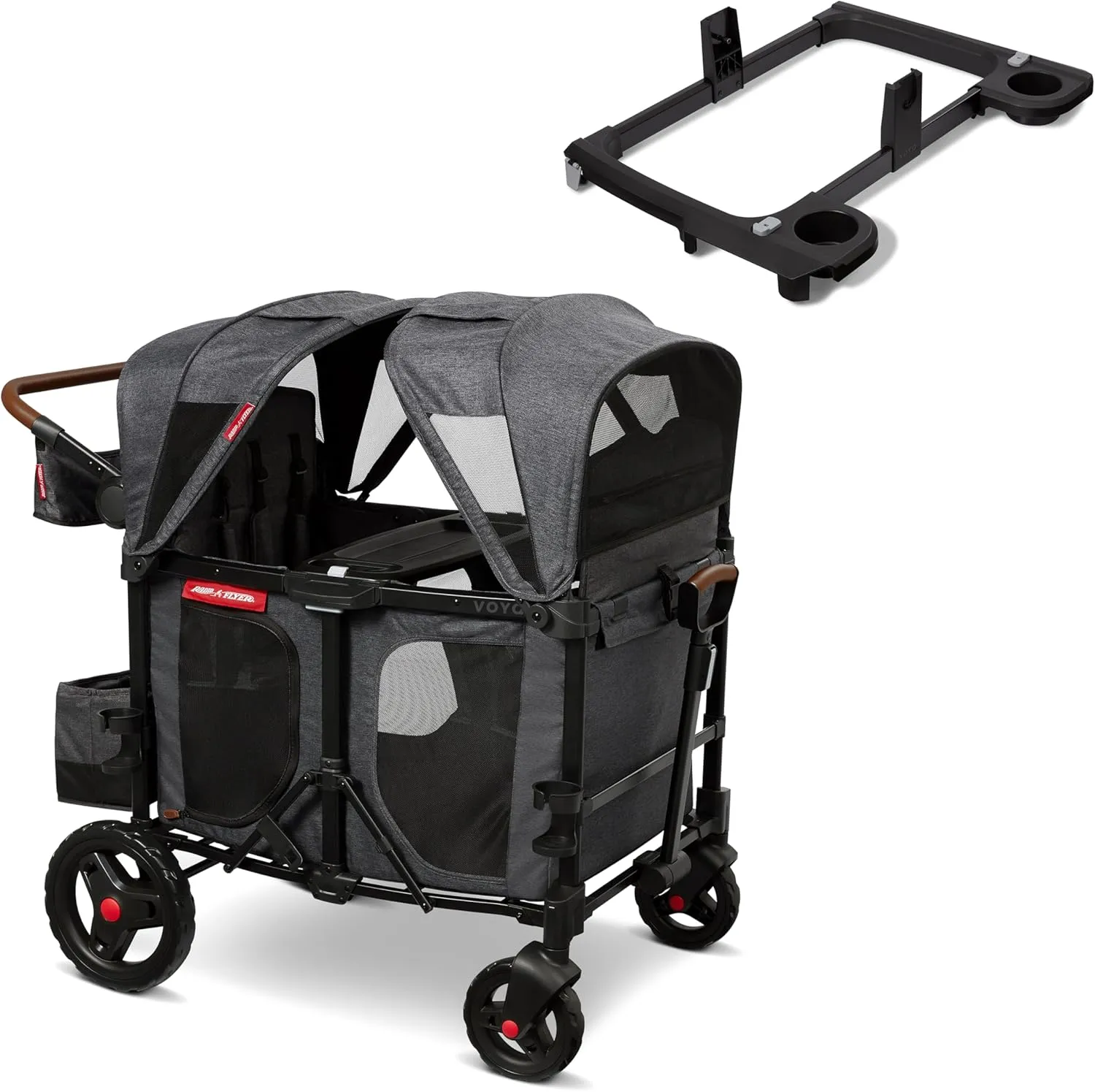 Radio Flyer Voya XT Quad Stroller Wagon and Britax, Nuna, Cybex Car Seat Adapter Bundle, 4-Seater Collapsible Wagon with Tall Sides and Adjustable Canopies, Gray