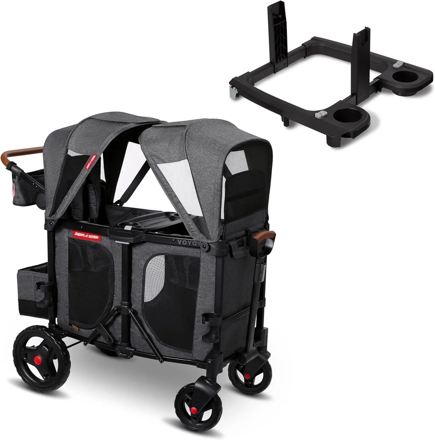 Radio Flyer Voya XT Stroller Wagon and Britax, Nuna, Cybex Car Seat Adapter Bundle, 2-Seater Collapsible Wagon with Tall Sides and Adjustable Canopies, Gray