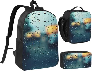 Rain Drops on Glass print Backpack 3pcs Set Including 17 Inch Large BookBag With Lunch Bag And Practical Pen Bag