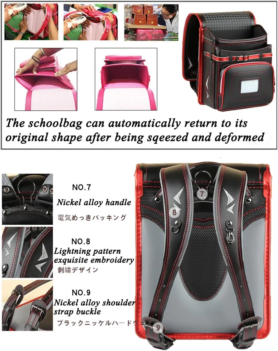 randoseru girls backpack japanese school bag Premium fabric send gift, Black-red649, 10.23 × 7.87 ×13.78 inch