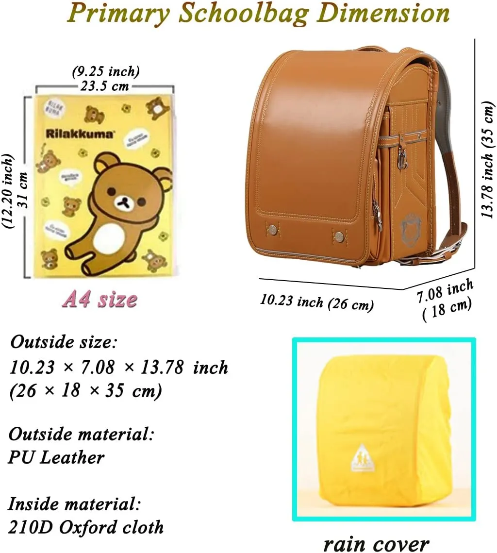 Randoseru Ransel backpack automatic Japanese school bag boys girls leather light weight Rain Cover(Brown)