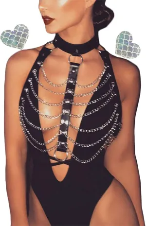 Rave Hologram Body Chest Harness Cage Bra Choker Chain Belts Body Costume with Pasties for Music Festival Roleplay Clubwear