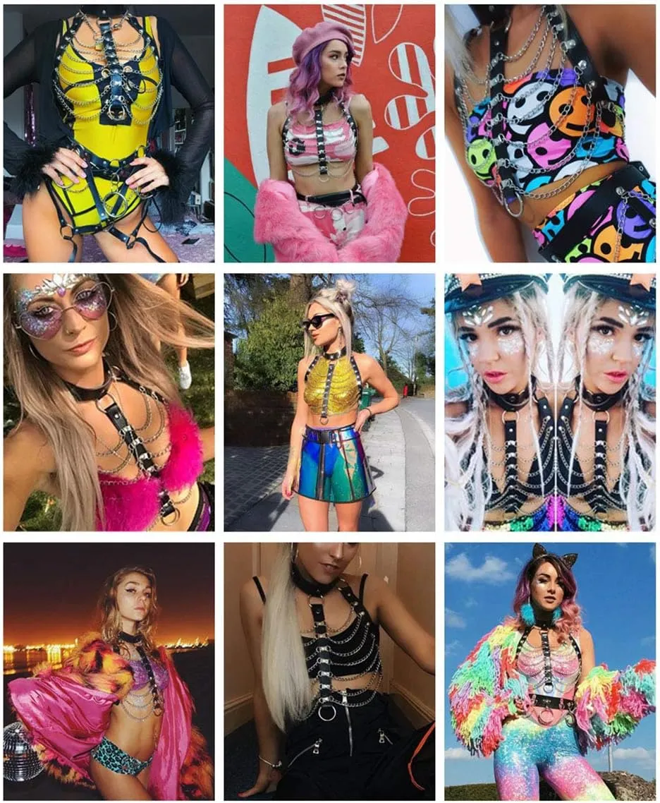 Rave Hologram Body Chest Harness Cage Bra Choker Chain Belts Body Costume with Pasties for Music Festival Roleplay Clubwear