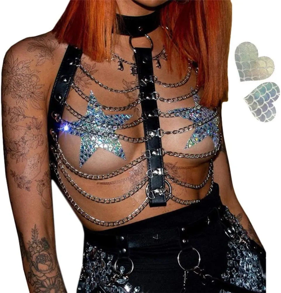 Rave Hologram Body Chest Harness Cage Bra Choker Chain Belts Body Costume with Pasties for Music Festival Roleplay Clubwear
