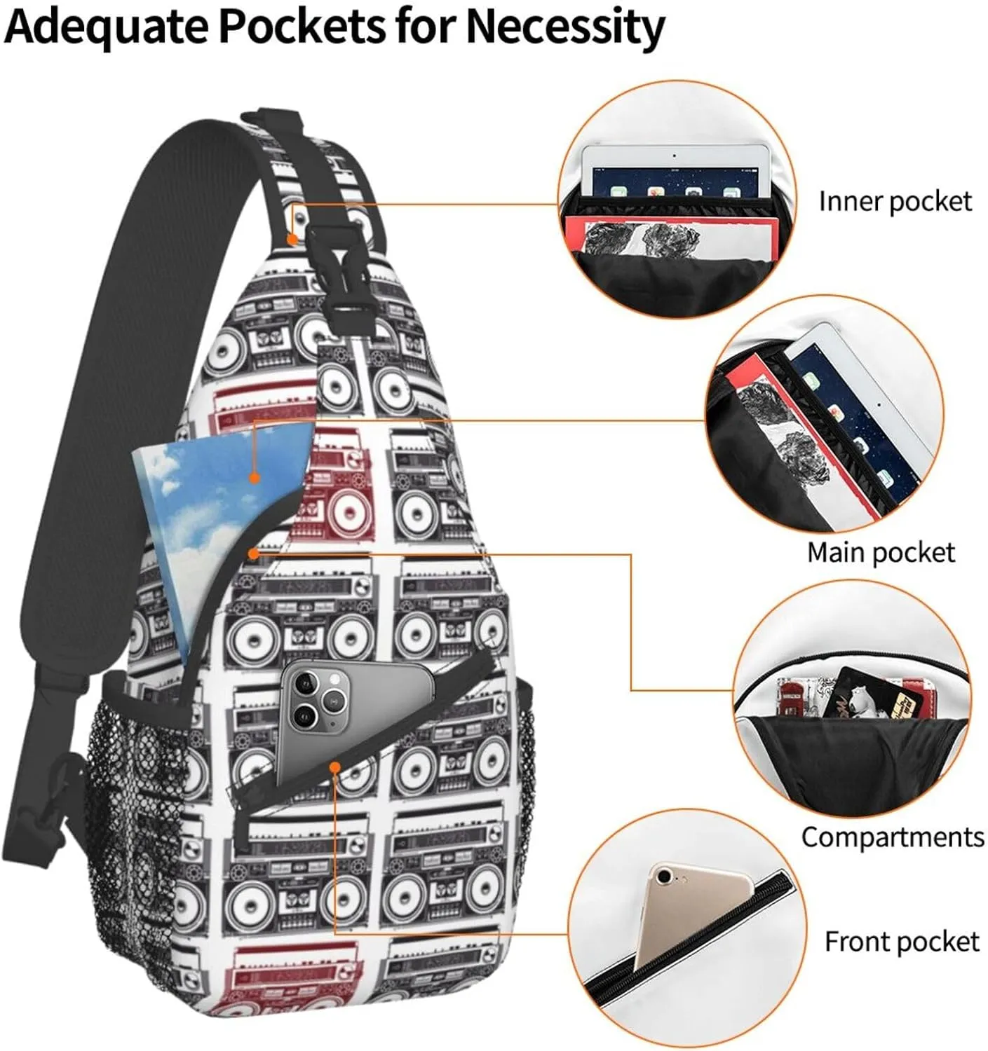Retro Recorders Shoulder Bag Cassettes Sling Backpack Daypack Casual Backpack Hiking Bag Retro Backpack Bag