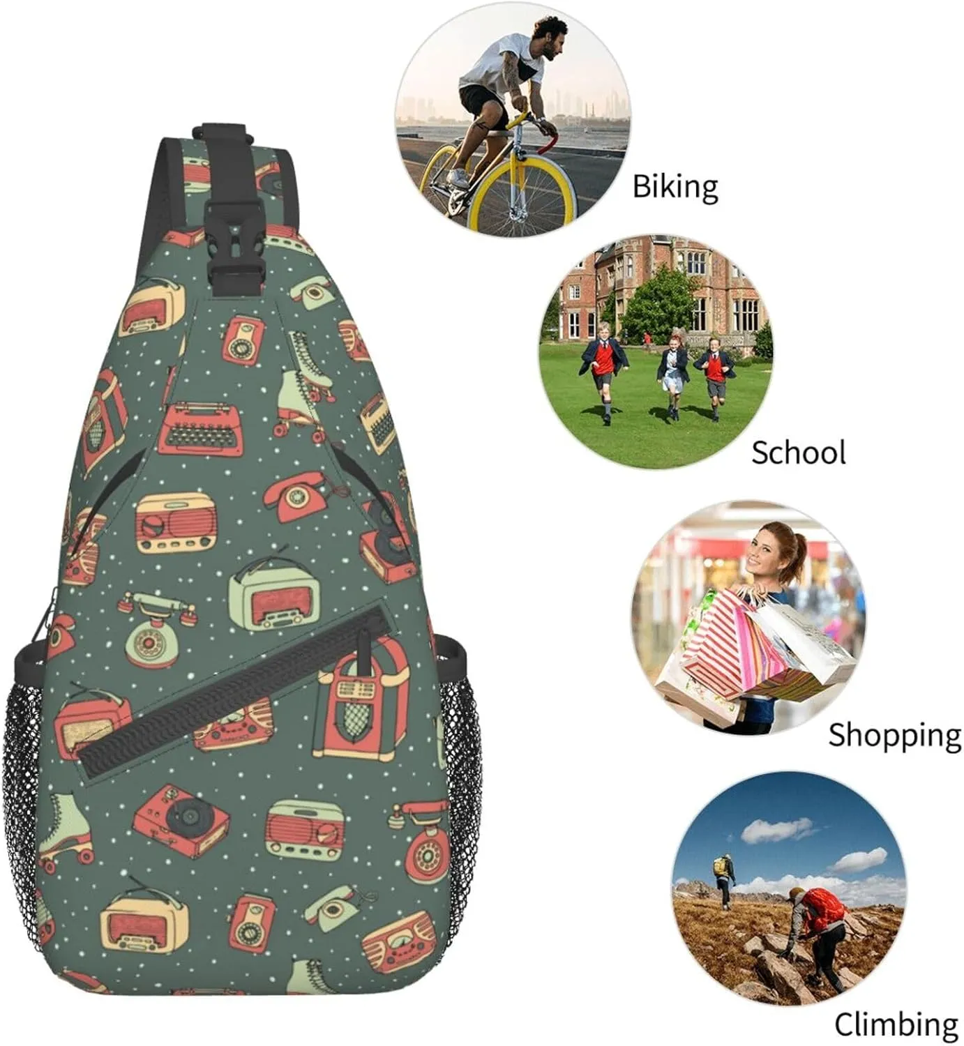 Retro Recorders Shoulder Bag Cassettes Sling Backpack Daypack Casual Backpack Hiking Bag Retro Backpack Bag