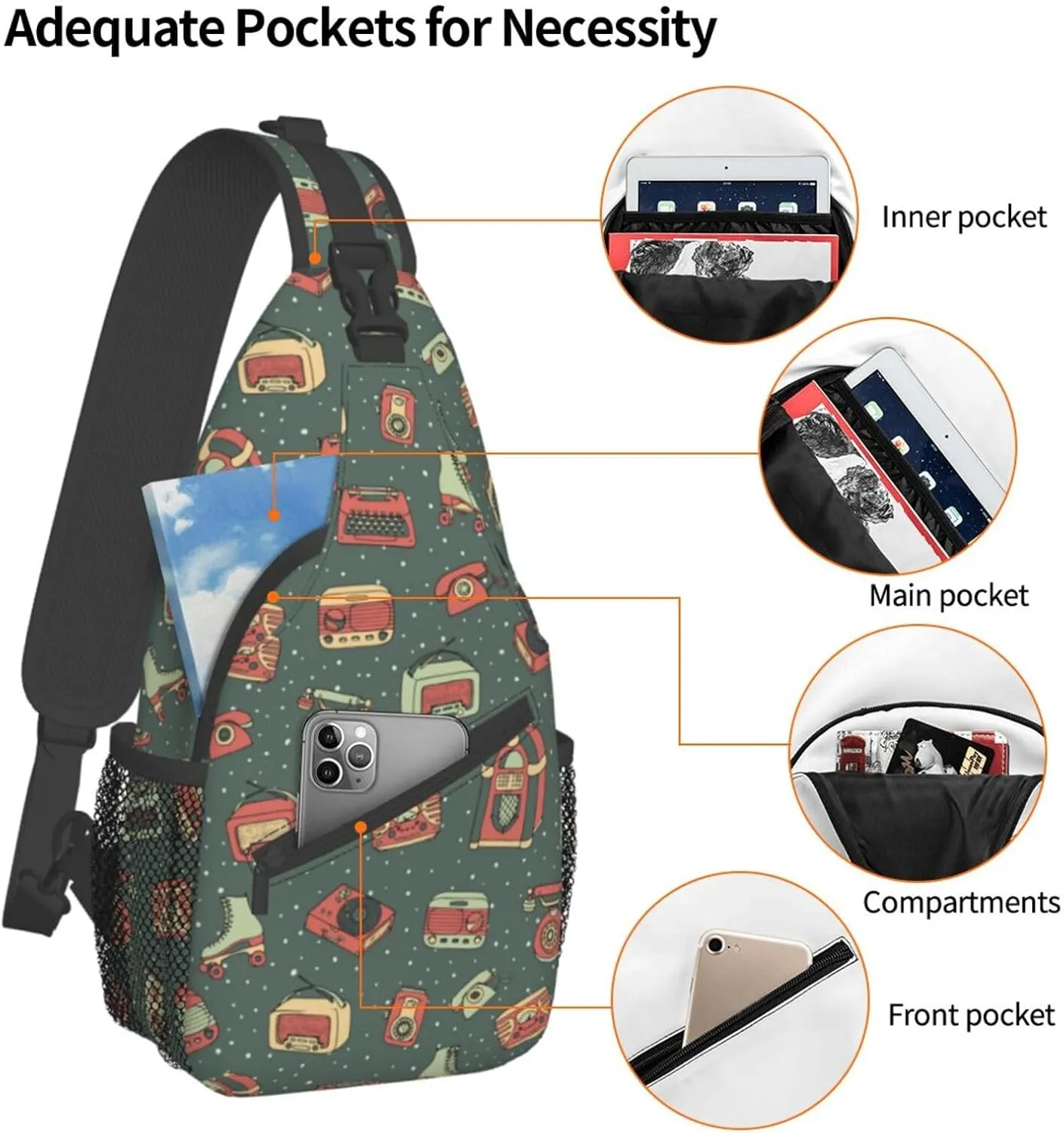 Retro Recorders Shoulder Bag Cassettes Sling Backpack Daypack Casual Backpack Hiking Bag Retro Backpack Bag