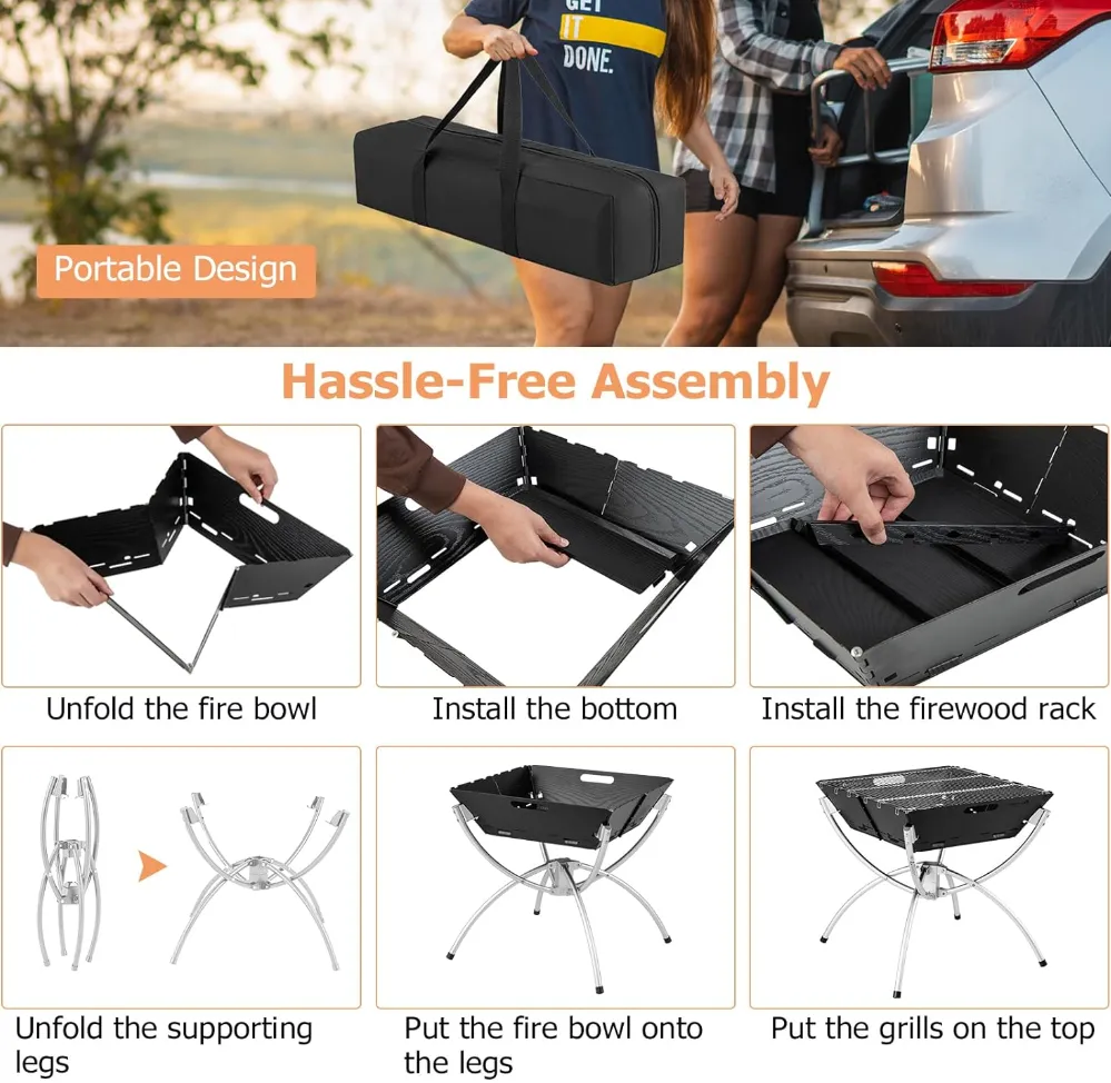 Rever Living Camping Campfire BBQ Grill, 3-in-1 Portable Firewood Charcoal Fire Pit