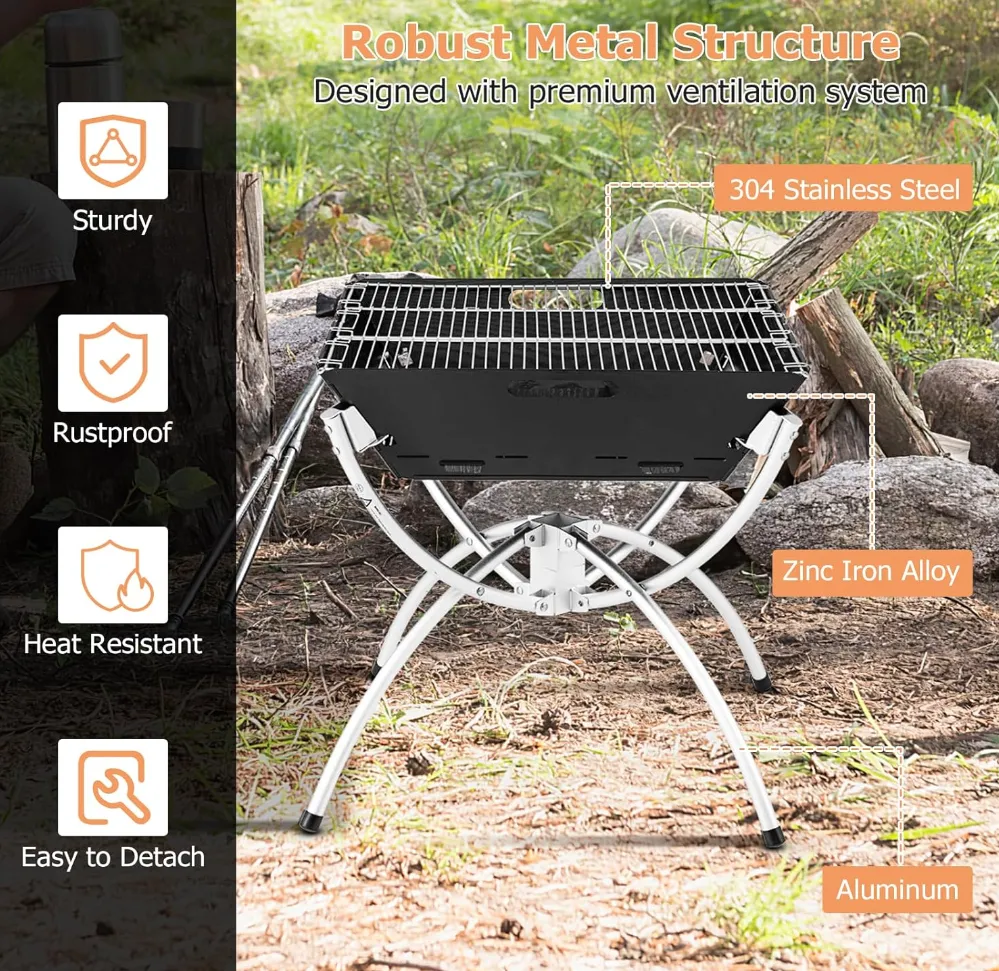 Rever Living Camping Campfire BBQ Grill, 3-in-1 Portable Firewood Charcoal Fire Pit