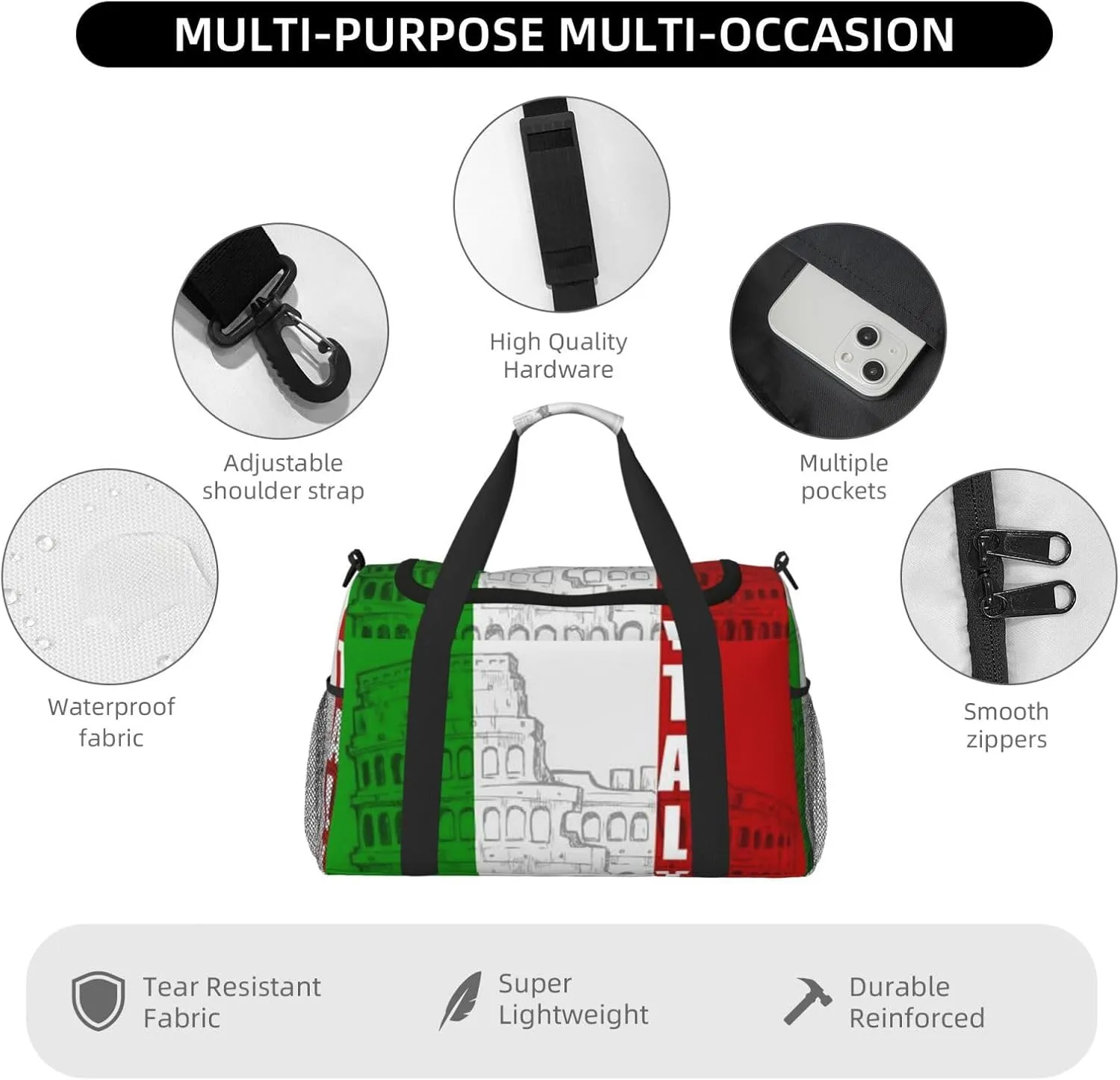 Roman Colosseum Italian Flag Print Hand Travel Bag Large Capacity Slung Bag For Long-Distance Travel, Weekend Trips, And Outdoor Activities