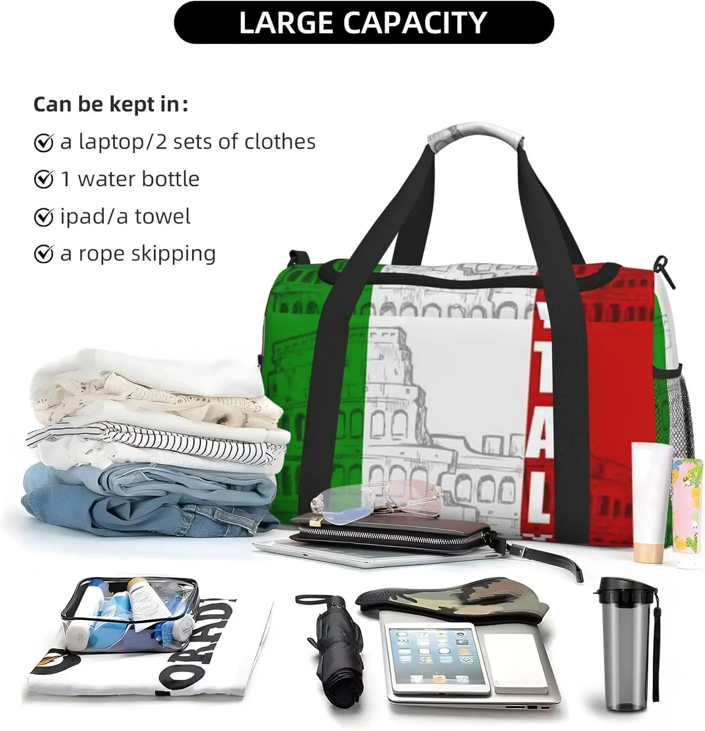 Roman Colosseum Italian Flag Print Hand Travel Bag Large Capacity Slung Bag For Long-Distance Travel, Weekend Trips, And Outdoor Activities