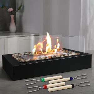Safer Burning Rectangle Tabletop Fire Pit with Smores Maker Kit, Portable Indoor/Outdoor Table Top Firepit,Table Fireplace with Cobblestones - Gift for Home Decor & Balcony Parties, Housewarming Gift
