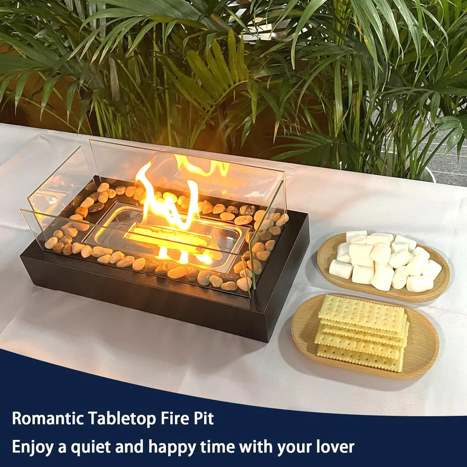 Safer Fire Pit - Tabletop Fire Pit with Cobblestone and 4 Panels - Indoor Outdoor Small Table Top Firepit for Smores Maker Parties Patio Camping Decor, Gift Ideas