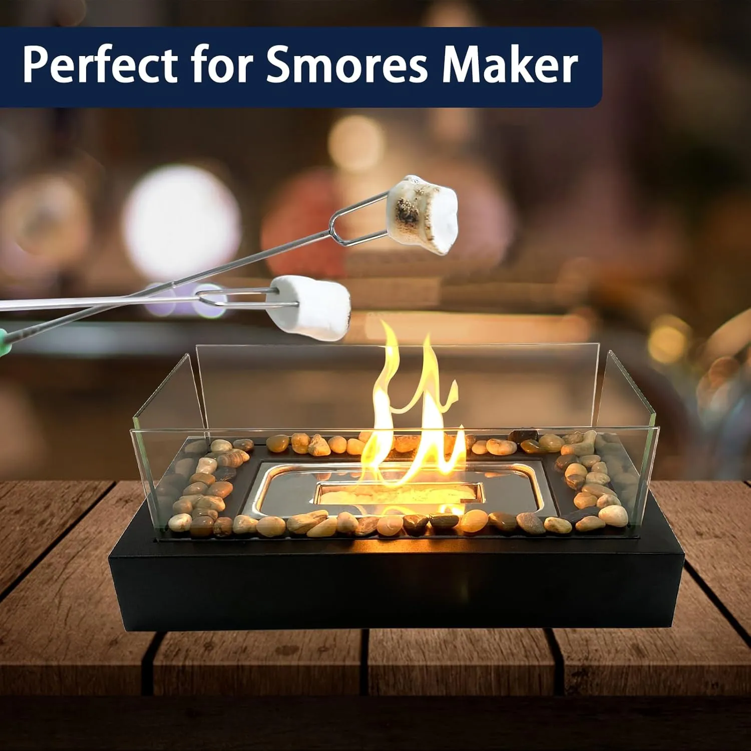 Safer Fire Pit - Tabletop Fire Pit with Cobblestone and 4 Panels - Indoor Outdoor Small Table Top Firepit for Smores Maker Parties Patio Camping Decor, Gift Ideas